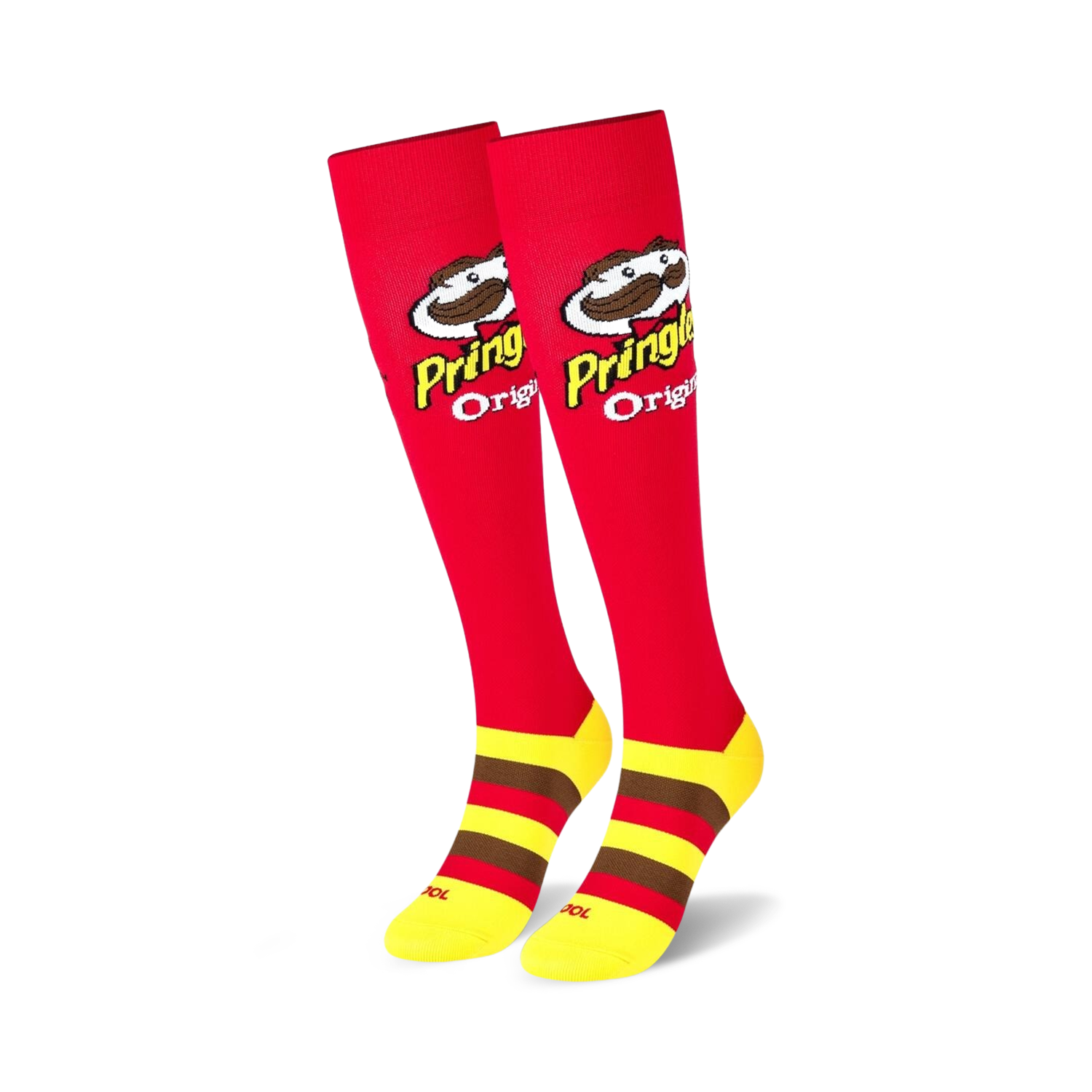 Pair of red knee-high socks with yellow and brown stripes and the Pringles logo.