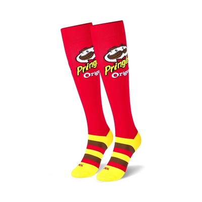 Pair of red knee-high socks with yellow and brown stripes and the Pringles logo.