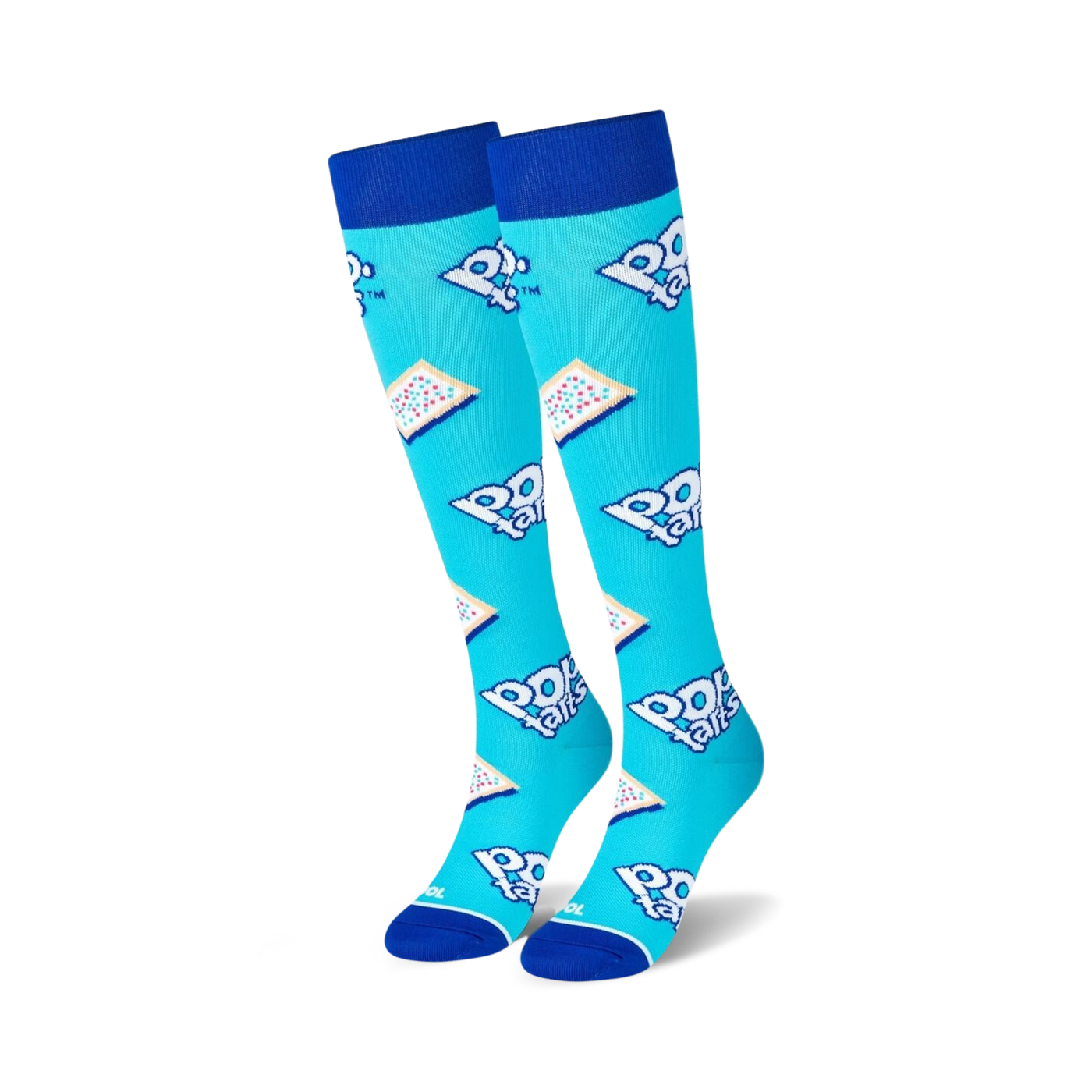 Pair of bright blue knee-high socks with a repeating Pop-Tarts pastry pattern.  The socks have navy blue cuffs and white Pop-Tarts logos.