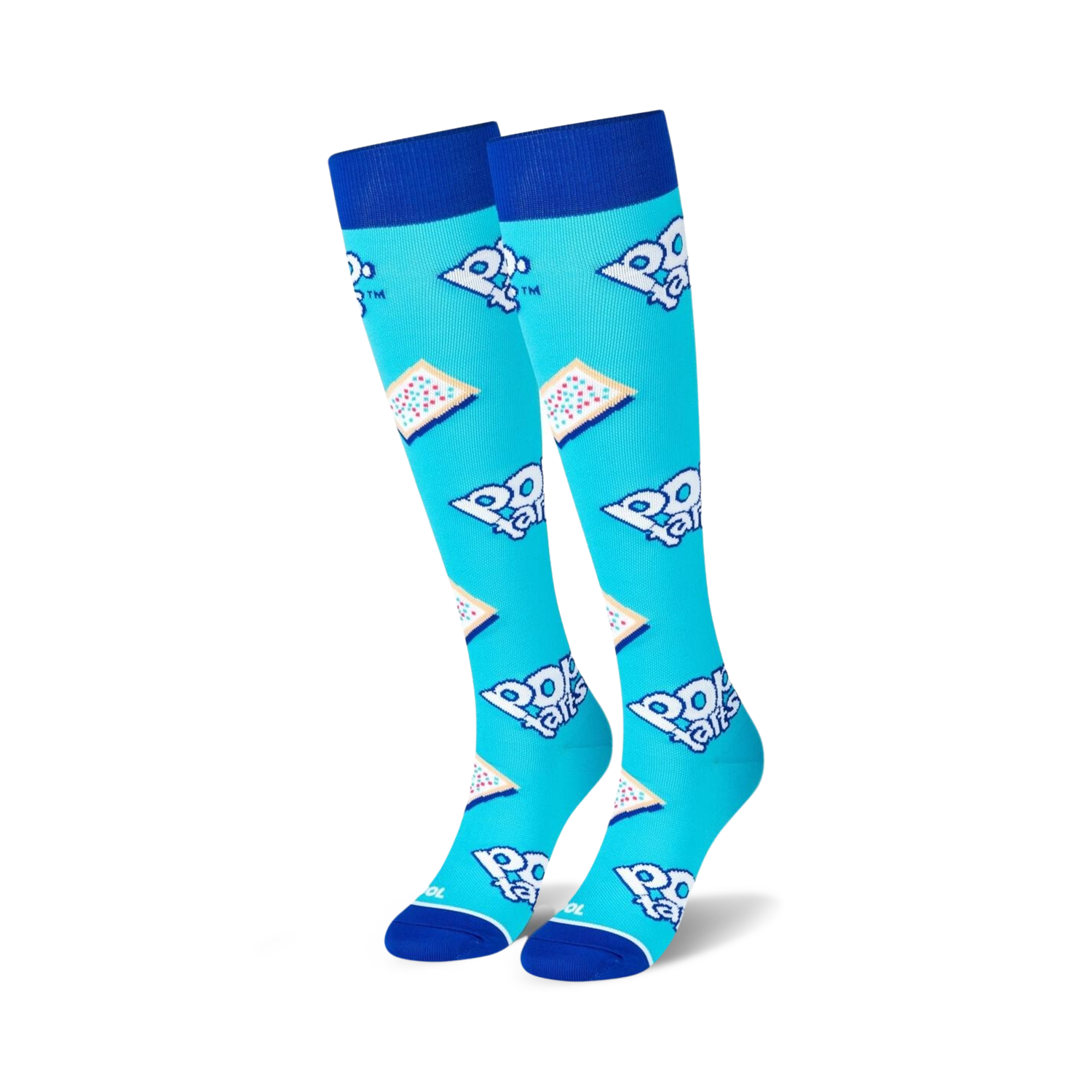 Pair of bright blue knee-high socks with a repeating Pop-Tarts pastry pattern.  The socks have navy blue cuffs and white Pop-Tarts logos.