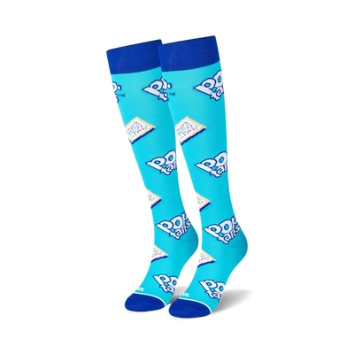 Pair of bright blue knee-high socks with a repeating Pop-Tarts pastry pattern.  The socks have navy blue cuffs and white Pop-Tarts logos.