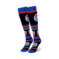 Pair of black knee-high socks with Pepsi logos, red and blue stripes, and Pepsi can designs.
