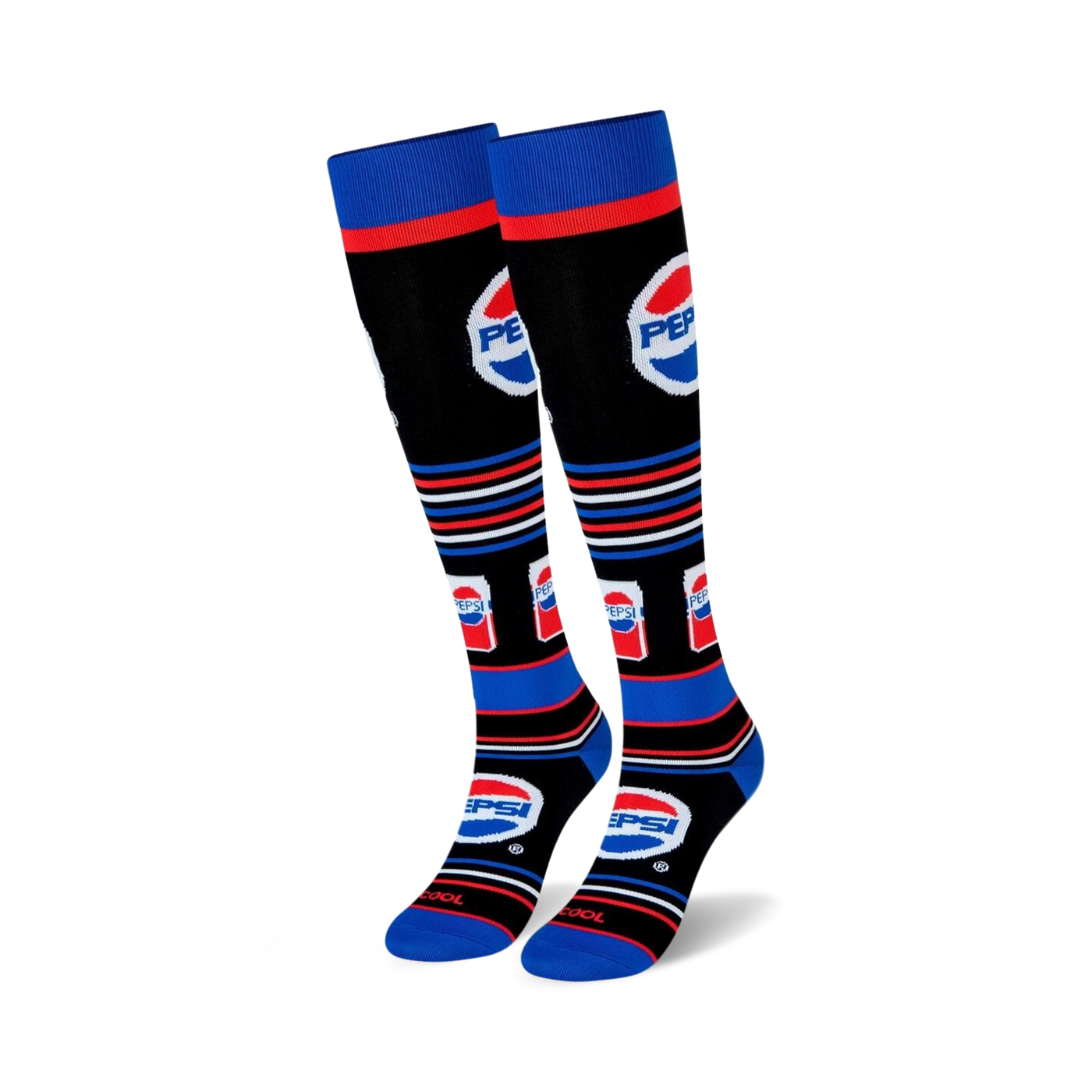 Pair of black knee-high socks with Pepsi logos, red and blue stripes, and Pepsi can designs.