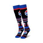Pair of black knee-high socks with Pepsi logos, red and blue stripes, and Pepsi can designs.