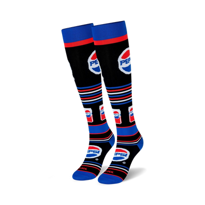 black knee-high socks with blue, red stripes, and pepsi logo.  