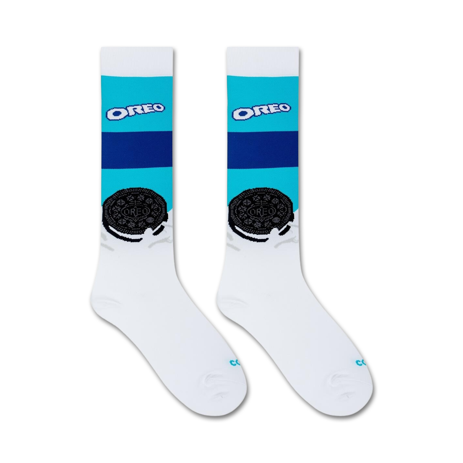 Flatlay product shot of a pair of Oreo compression socks on a white background.