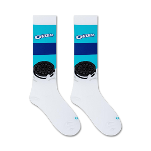 A pair of white socks with blue and light blue stripes and an Oreo cookie graphic.