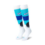 Pair of white knee-high compression socks with blue and teal stripes and Oreo cookie graphics.