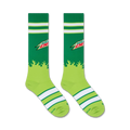 Product shot of Mountain Dew knee-high socks on a white background.