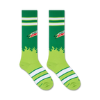 Product shot of Mountain Dew knee-high socks on a white background.