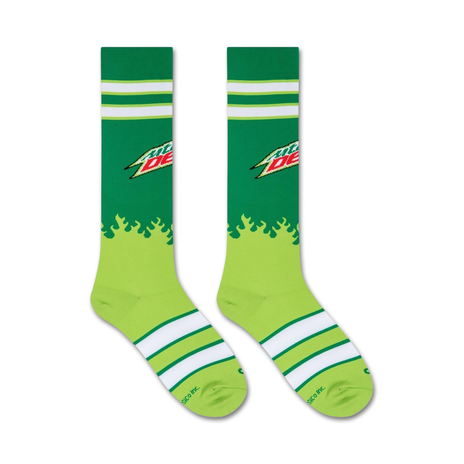 Product shot of Mountain Dew knee-high socks on a white background.