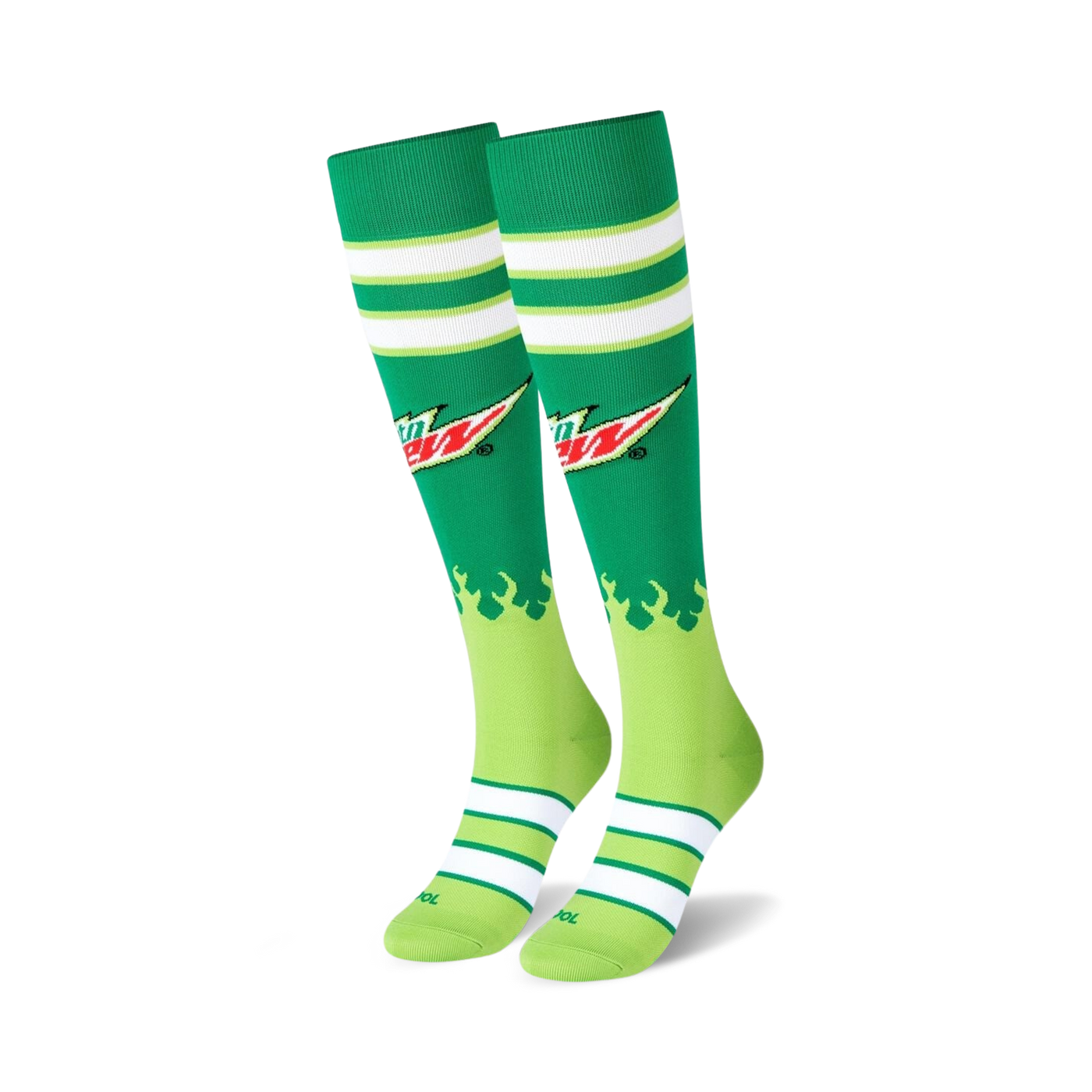Pair of Mountain Dew-themed knee-high socks. Green and lime green colors, white stripes, and the Mountain Dew logo with flames.