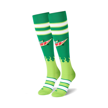 green and white knee-high mountain dew socks with flaming logo.   