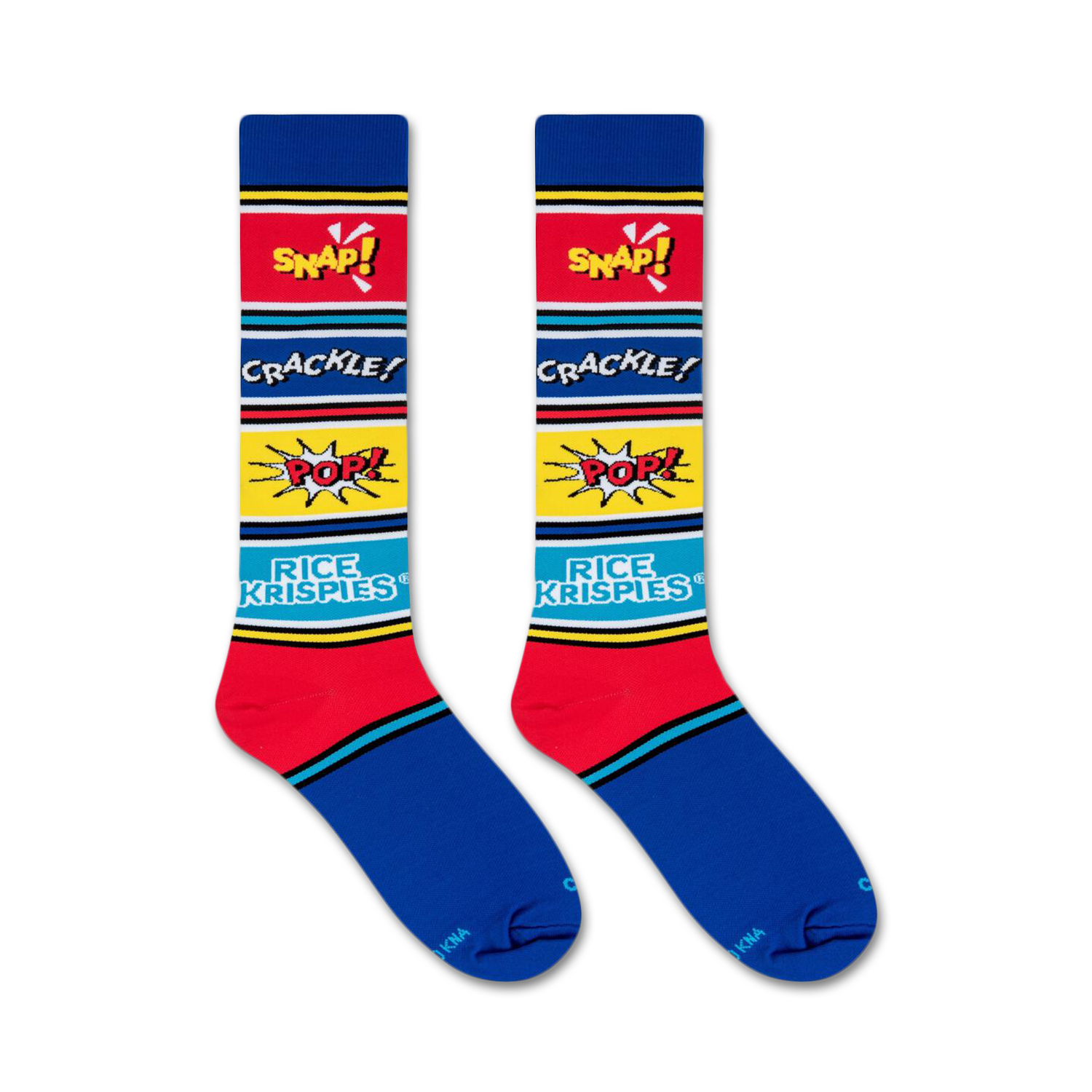 Flatlay image showing two Rice Krispies socks.
