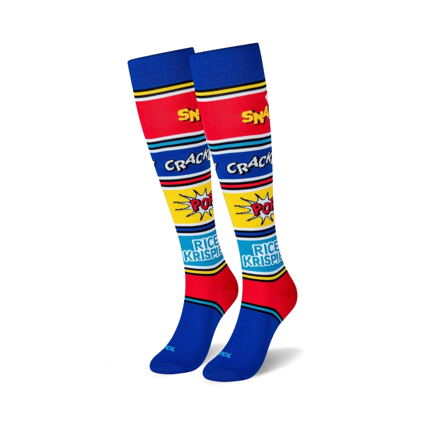 Pair of knee-high socks in blue, red, and yellow.  A retro comic-style design features 'Snap, Crackle, Pop!' and 'Rice Krispies'.