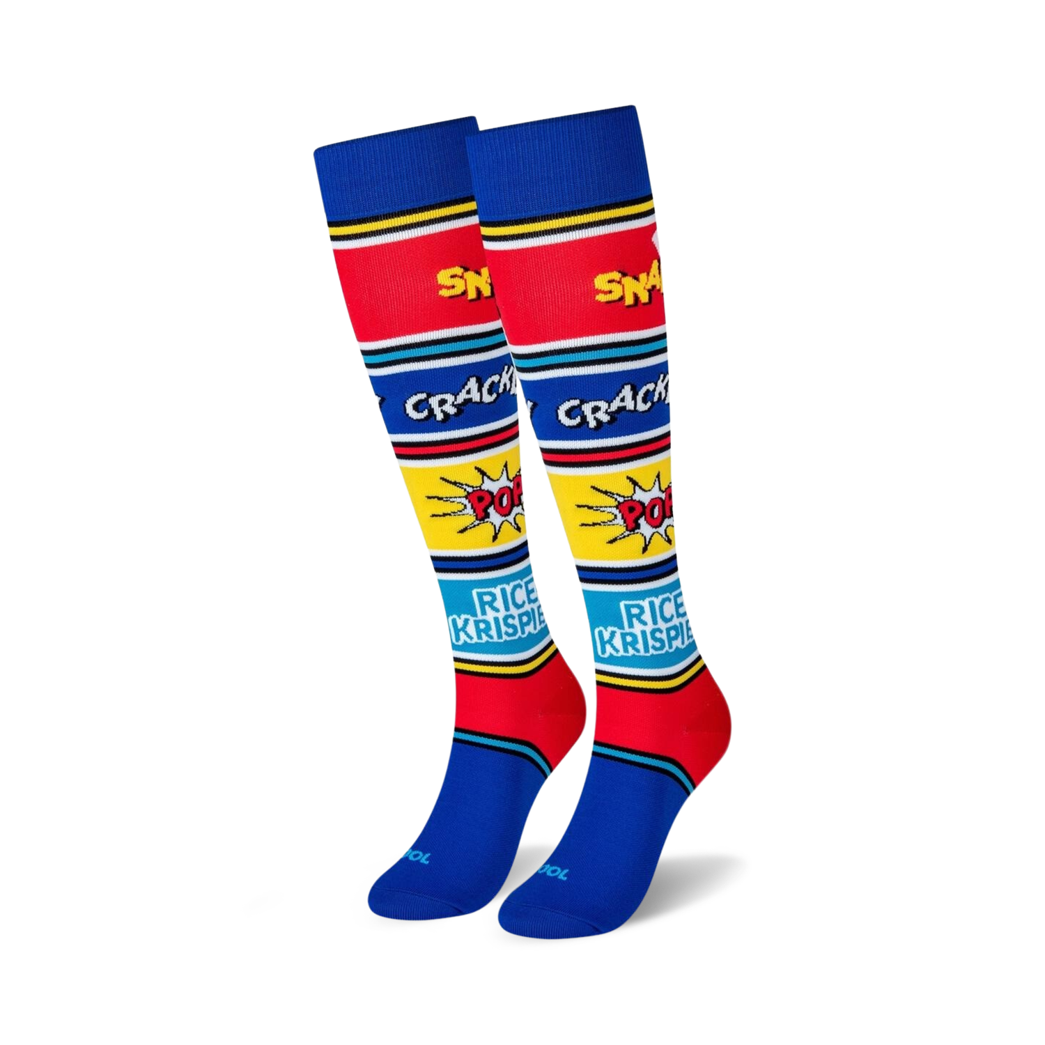 Pair of knee-high socks in blue, red, and yellow.  A retro comic-style design features 'Snap, Crackle, Pop!' and 'Rice Krispies'.