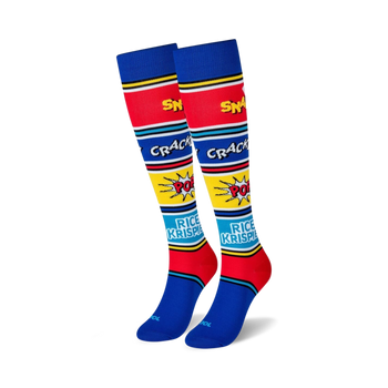 rice krispies knee-high socks with red and yellow stripes, red toe and heel, and white, red, and yellow speech bubbles with "snap," "crackle," "pop," and "rice krispies" pattern.   