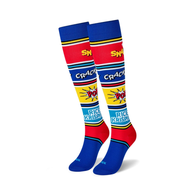 rice krispies knee-high socks with red and yellow stripes, red toe and heel, and white, red, and yellow speech bubbles with "snap," "crackle," "pop," and "rice krispies" pattern.   