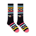 Flatlay showcasing a pair of black knee-high Froot Loops socks with colorful stripes and cereal rings.