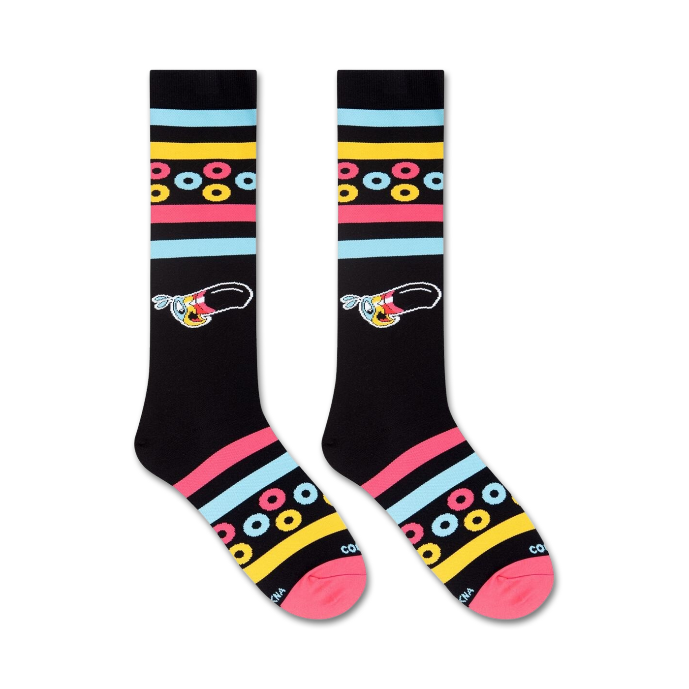 Flatlay showcasing a pair of black knee-high Froot Loops socks with colorful stripes and cereal rings.