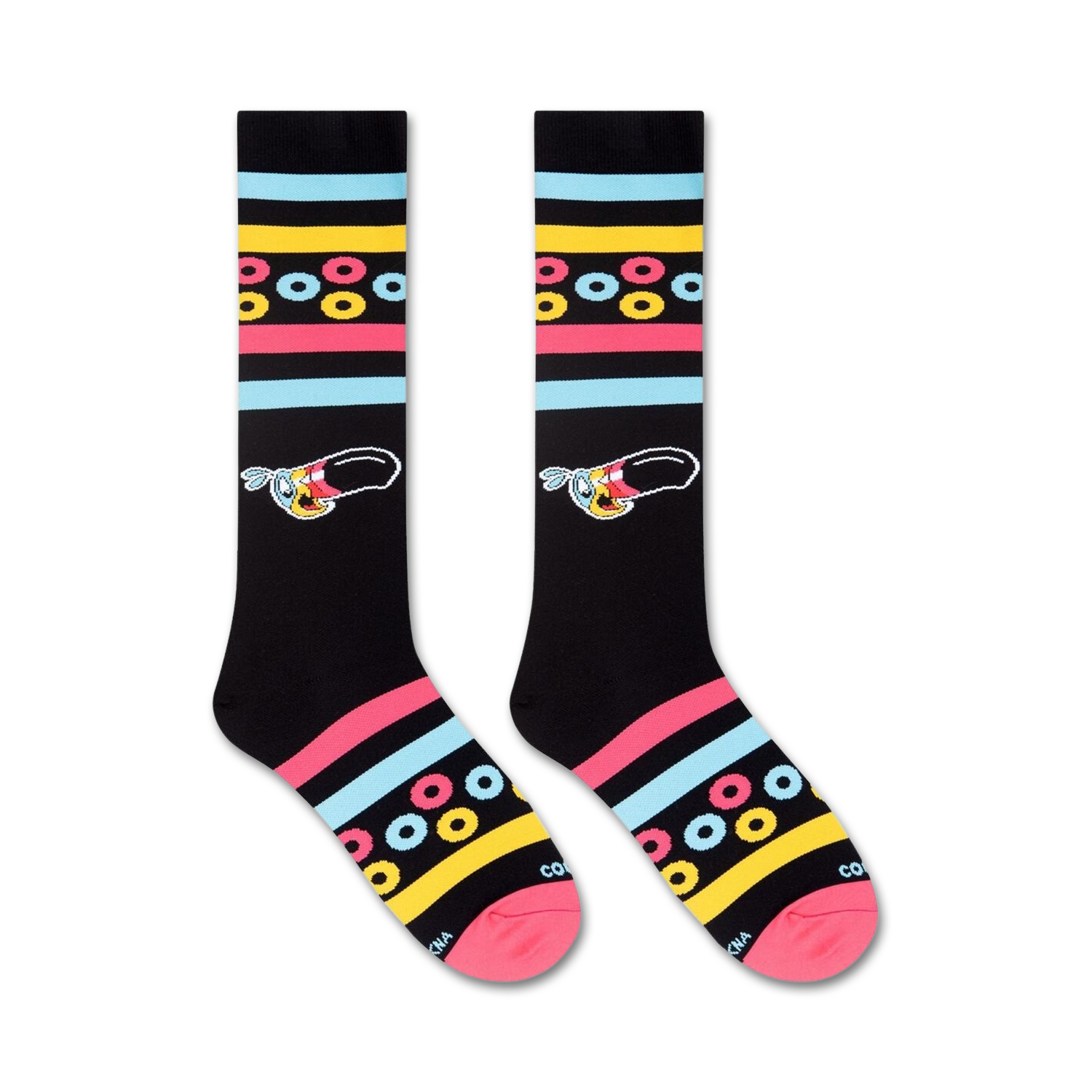 Flatlay showcasing a pair of black knee-high Froot Loops socks with colorful stripes and cereal rings.