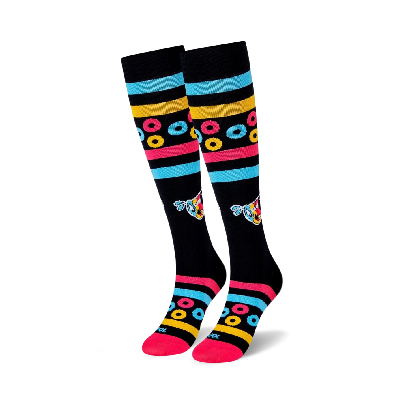 Pair of black knee-high socks with colorful stripes, Froot Loops-inspired rings, and a cartoon character. Pink, blue, and yellow accents.
