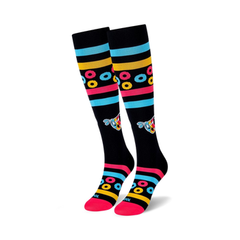 black knee-high socks with colorful rings and characters from froot loops cereal brand and blue, yellow, and pink stripes at the top.   