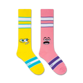 Flatlay product shot showing a pair of Spongebob Friendly Faces knee-high socks; one yellow, one pink.