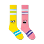 Flatlay product shot showing a pair of Spongebob Friendly Faces knee-high socks; one yellow, one pink.