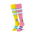 Pair of knee-high socks; one yellow with SpongeBob's face and teal stripes, the other pink with Patrick's face and purple stripes.
