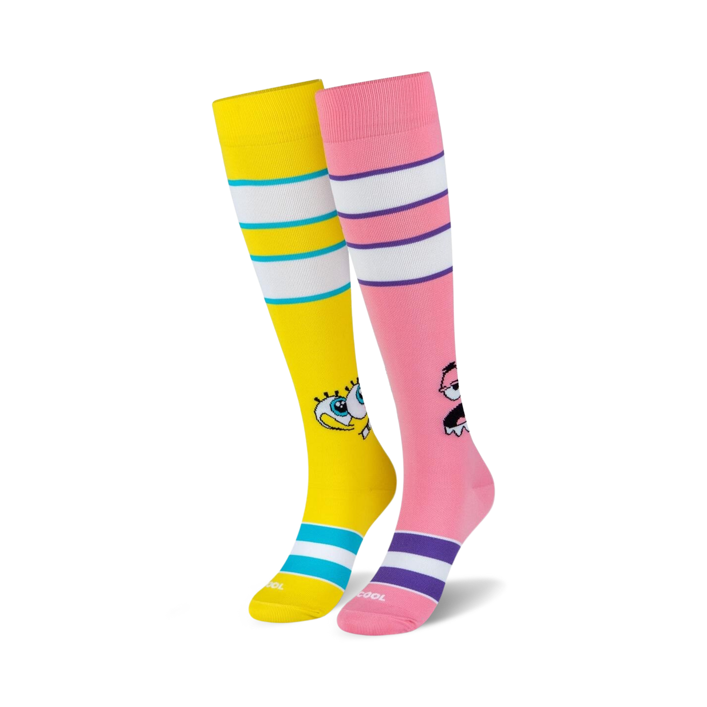 Pair of knee-high socks; one yellow with SpongeBob's face and teal stripes, the other pink with Patrick's face and purple stripes.