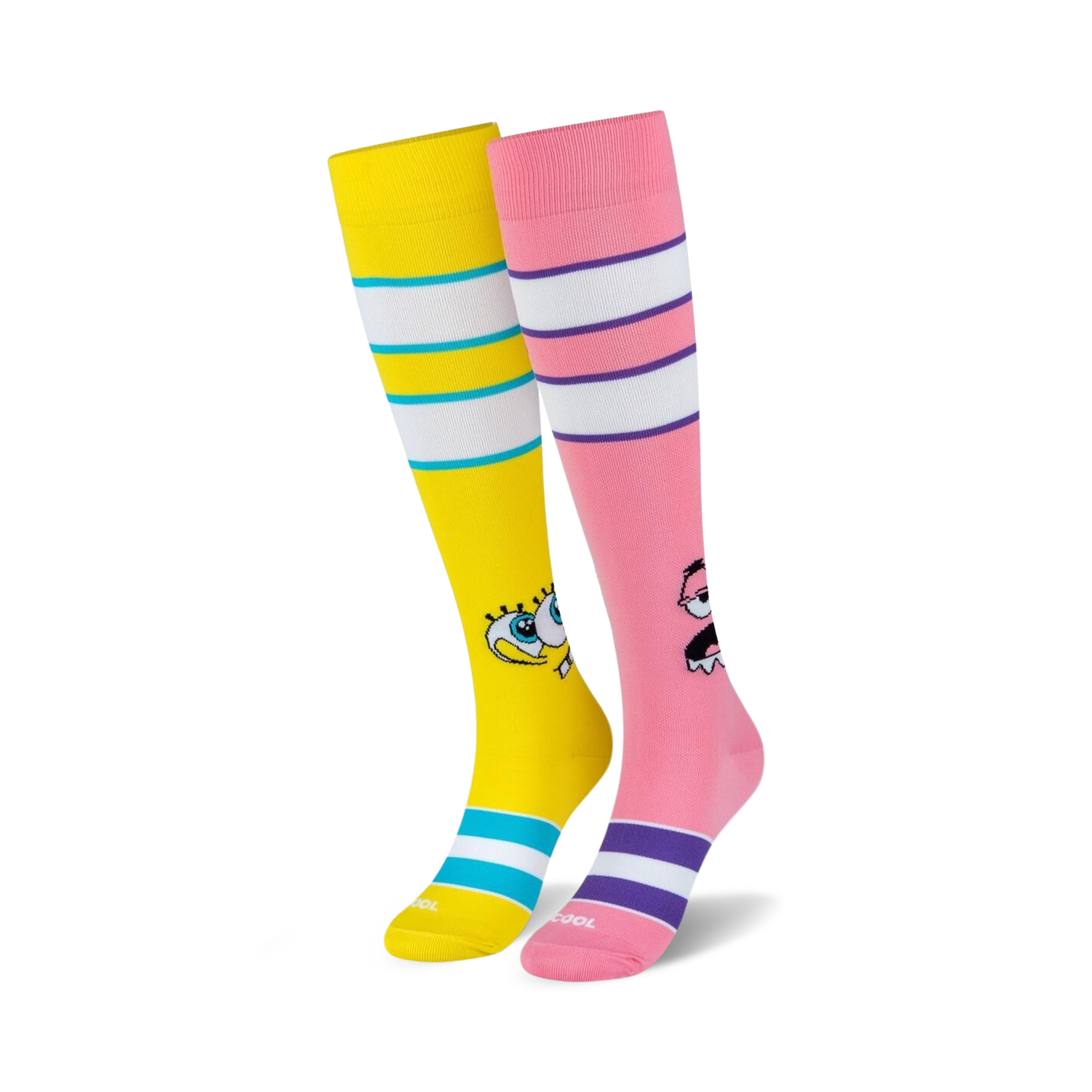Pair of knee-high socks; one yellow with SpongeBob's face and teal stripes, the other pink with Patrick's face and purple stripes.