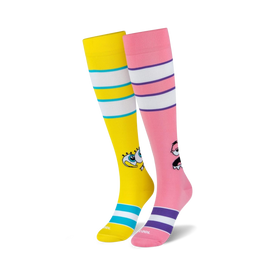 spongebob friendly faces knee-high socks in pink, yellow, white, and blue feature spongebob and patrick.  