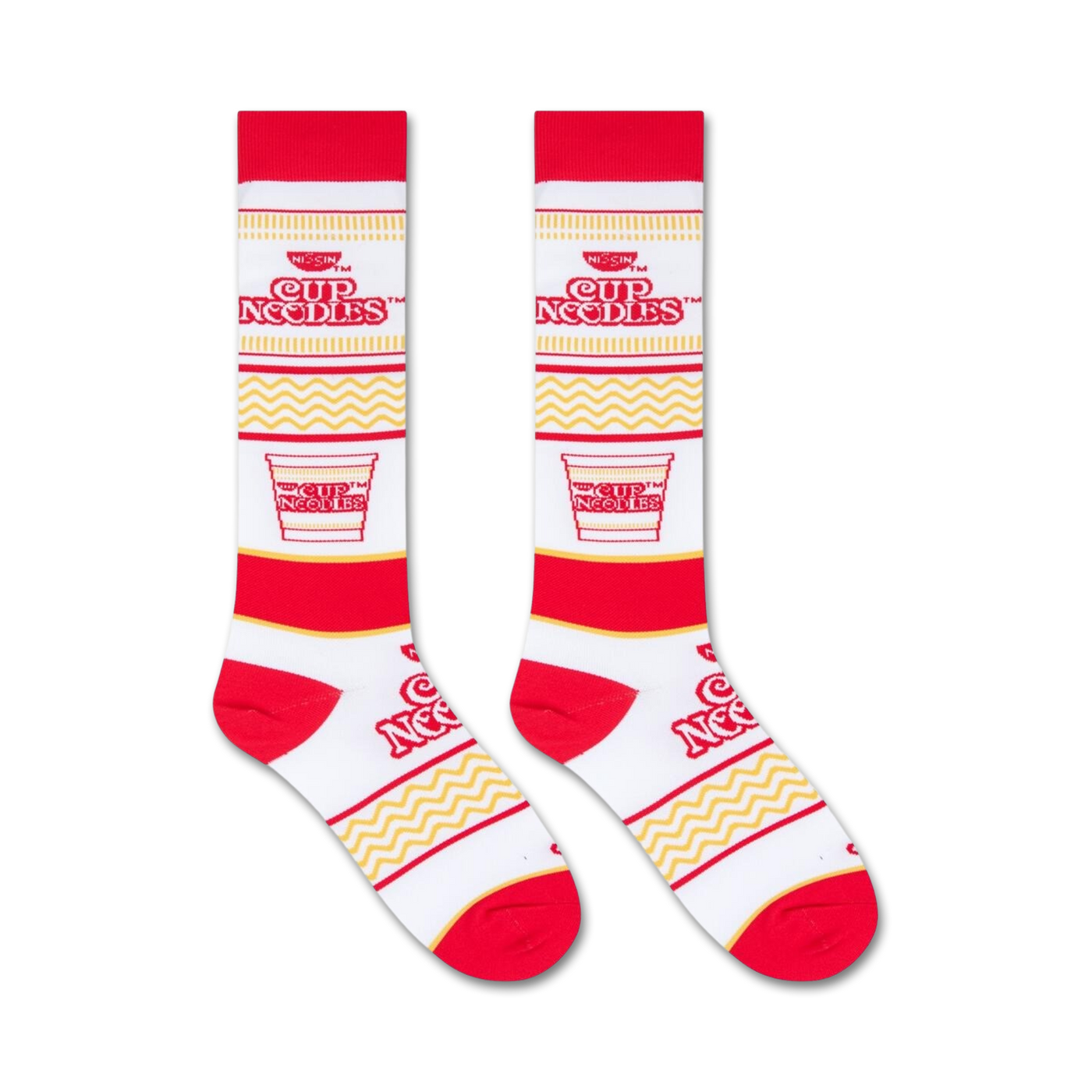 Product shot of two Cup Noodles socks against a white background.