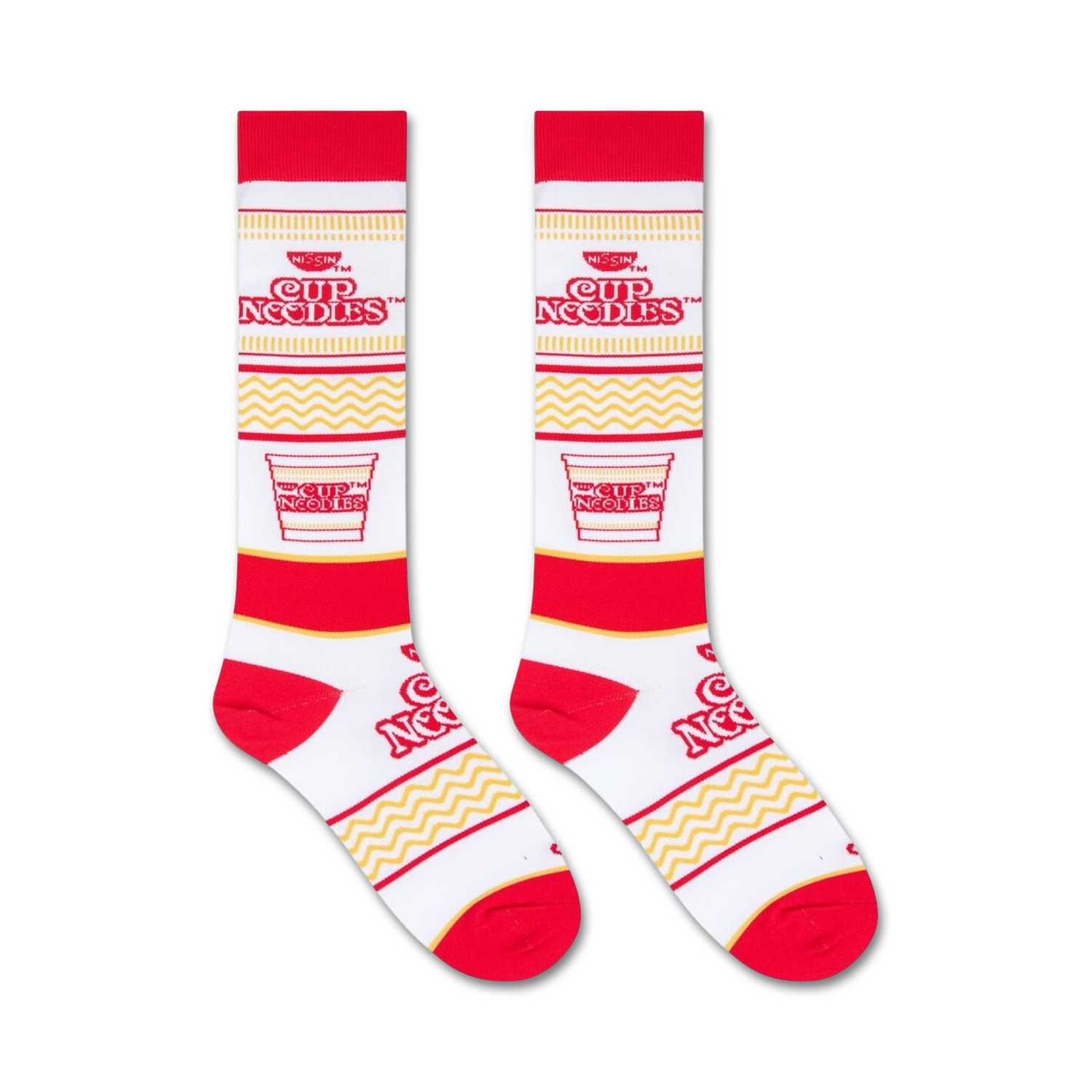 Product shot of two Cup Noodles socks against a white background.