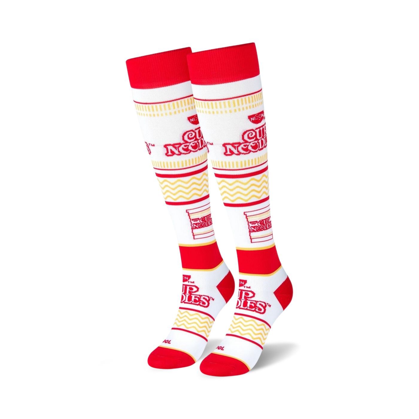 Pair of red and white knee-high socks.  Features repeating Cup Noodles logo and noodle pattern.