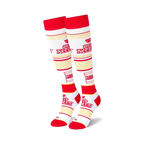 Pair of red and white knee-high socks.  Features repeating Cup Noodles logo and noodle pattern.