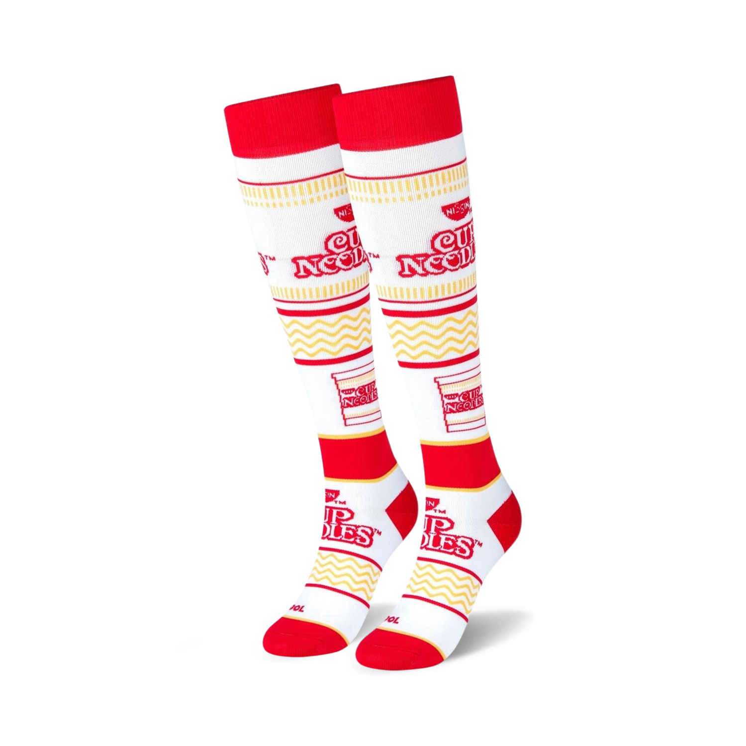 Pair of red and white knee-high socks.  Features repeating Cup Noodles logo and noodle pattern.