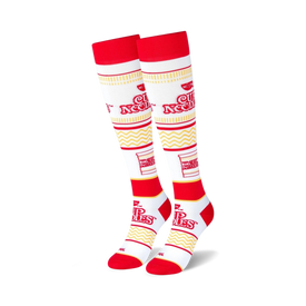 red, white, and red cup noodle logo knee high socks with wavy noodle pattern.   