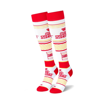 red, white, and red cup noodle logo knee high socks with wavy noodle pattern.   