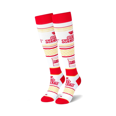 Pair of red and white knee-high socks.  Features repeating Cup Noodles logo and noodle pattern.