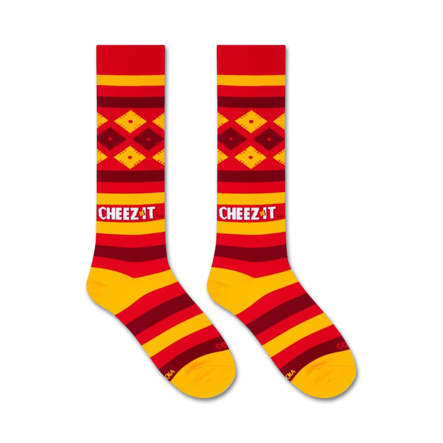 Flatlay product shot of two Cheez-It-themed knee-high socks.