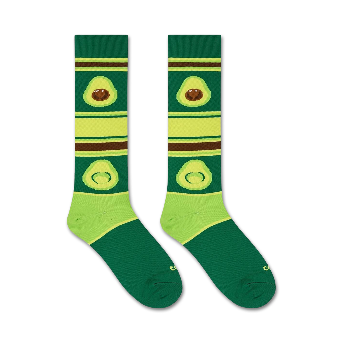 Flat lay product shot of a pair of avocado socks.