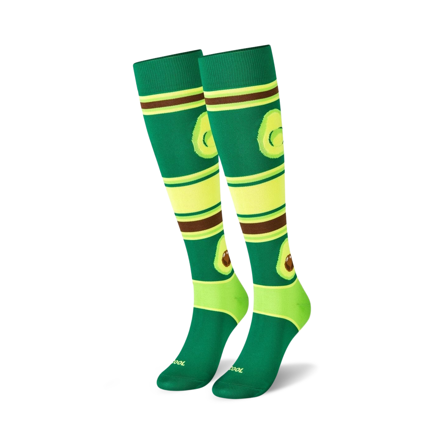 Pair of knee-high socks with avocados and stripes in green, lime, and brown. Fun and quirky design.