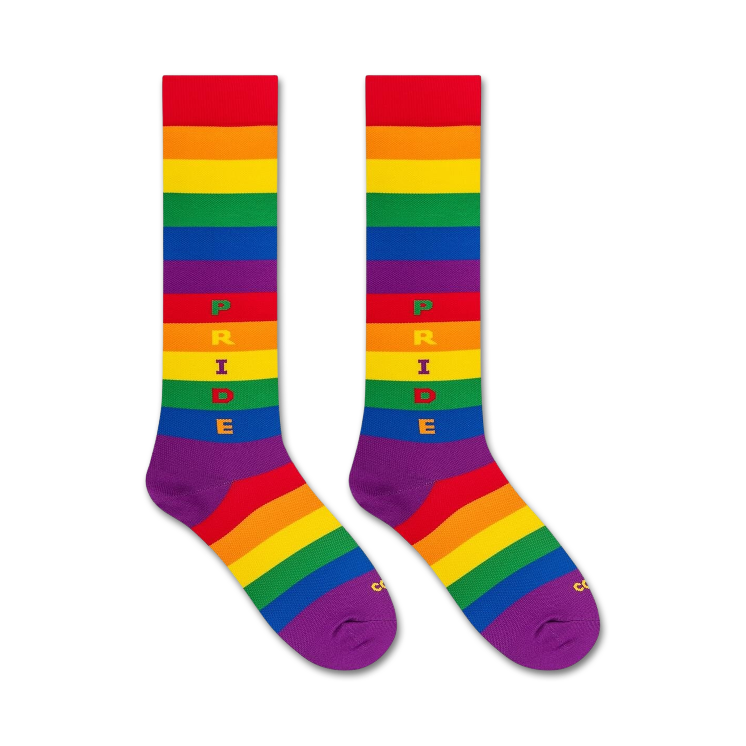 Flat lay image of a pair of rainbow pride knee-high socks.