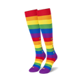 Pair of rainbow striped knee-high socks.  Features the word 'PRIDE' vertically in the center.  Red, orange, yellow, green, blue, and purple stripes.