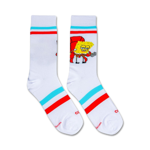 A white sock with a red and blue striped cuff. The sock features a cartoon character, SpongeBob SquarePants, sitting in a red armchair.