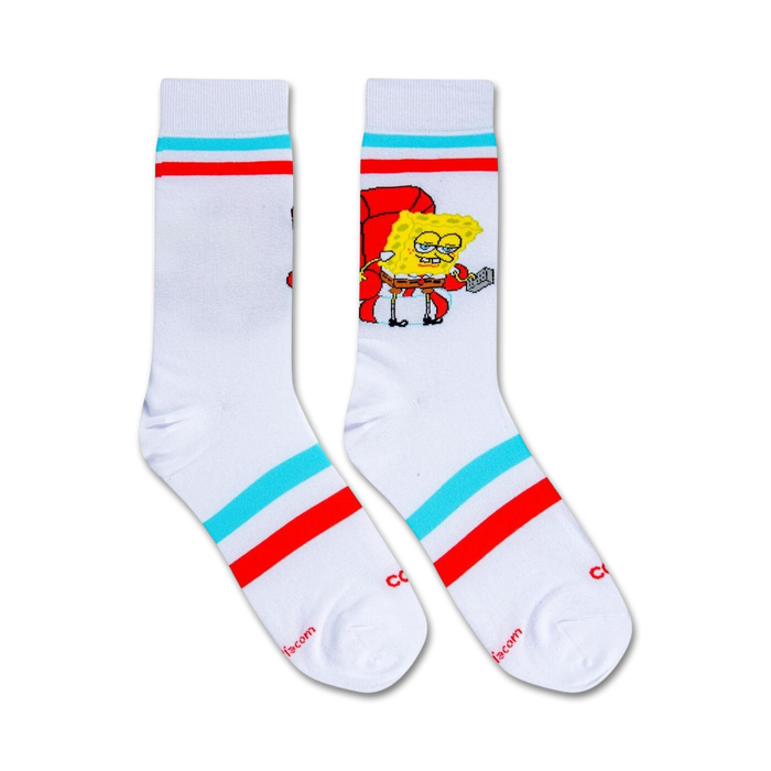 A white sock with a red and blue striped cuff. The sock features a cartoon character, SpongeBob SquarePants, sitting in a red armchair.