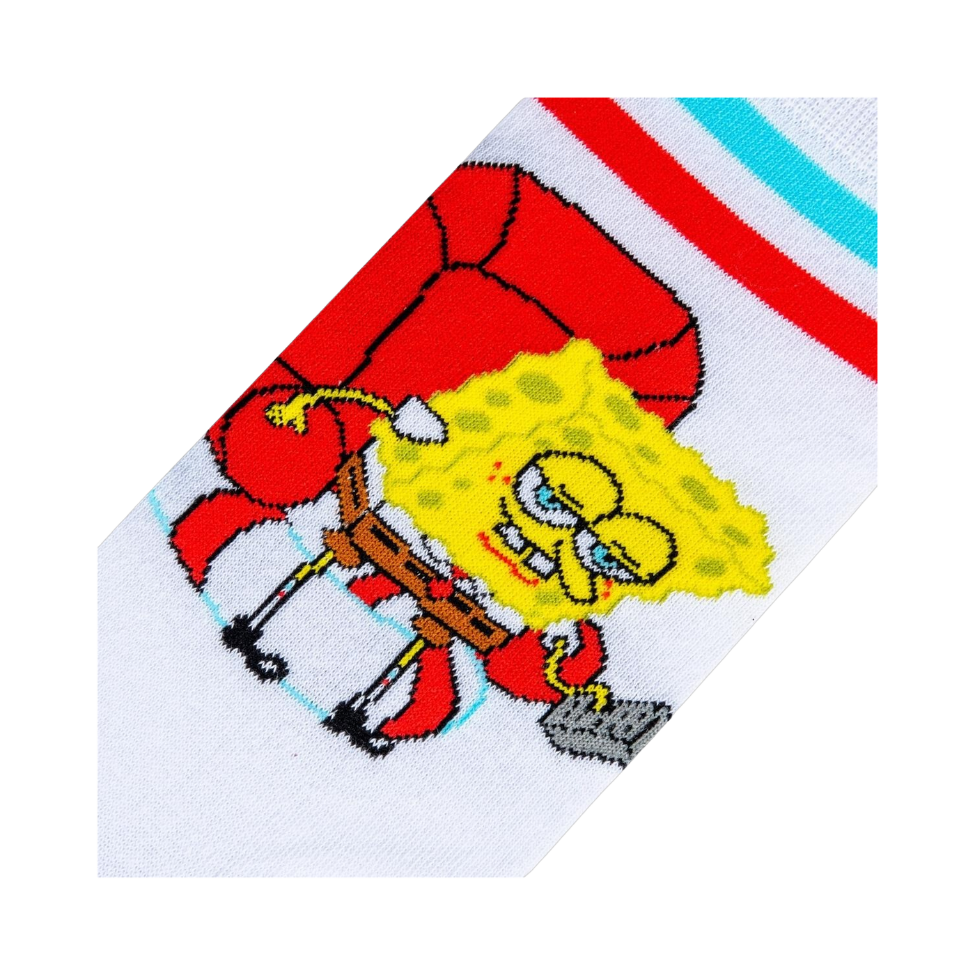 Close-up detail shot of the Spongebob Squarepants graphic on the socks, showing the fine details of the print.