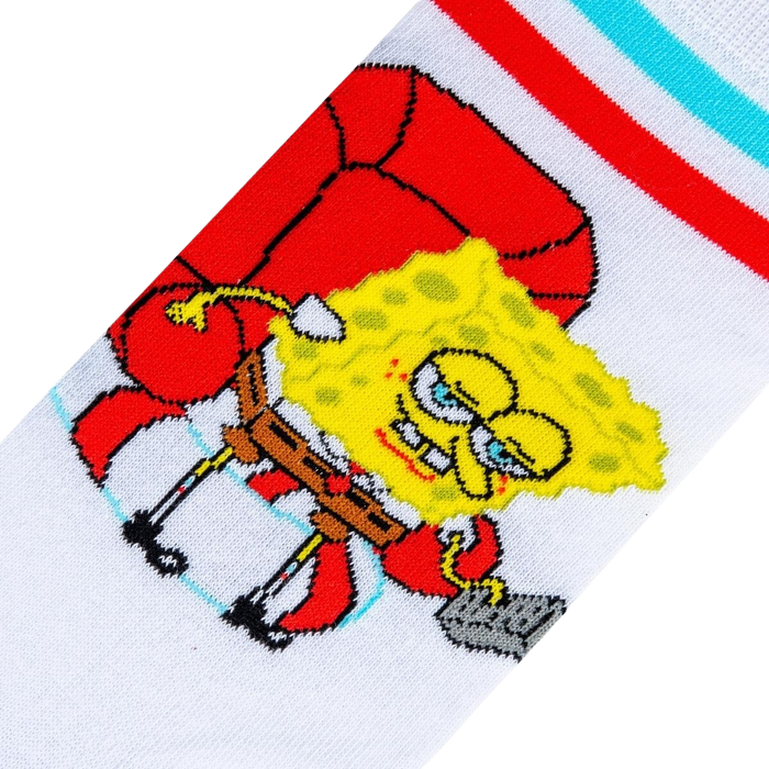 A white sock with a red and blue striped cuff. The sock features a cartoon character, SpongeBob SquarePants, sitting in a red armchair.